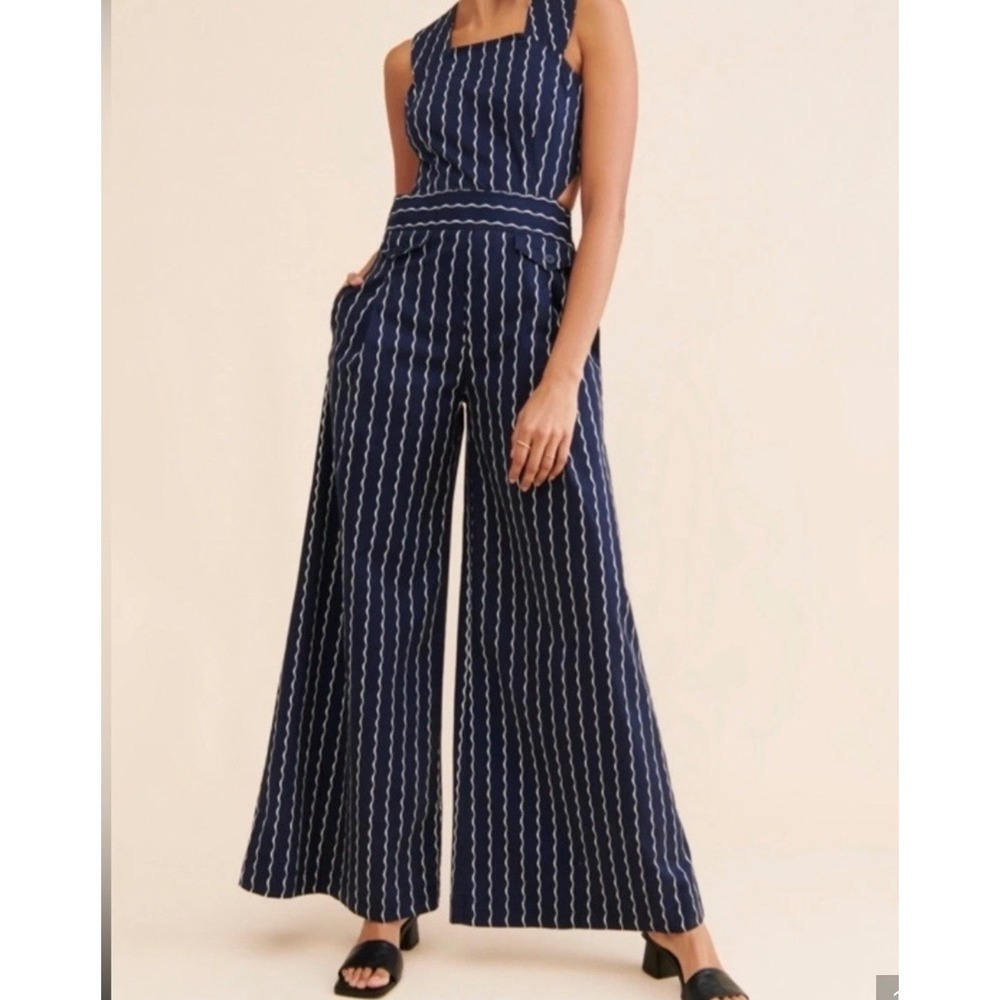 Anthropologie Maeve Pinafore Jumpsuit Navy Wavy Stripe Wide Leg 12 Tall
